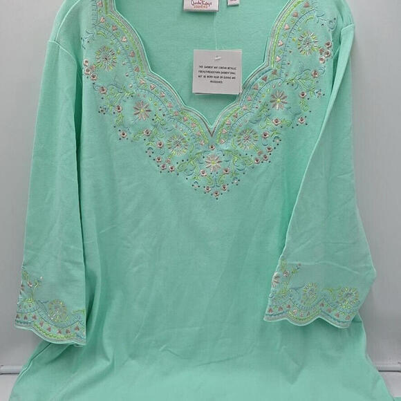 Quaker Factory Green Boho Embroidered Beaded Stretch 3/4 sleeves Top 2X NWT - Picture 8 of 12